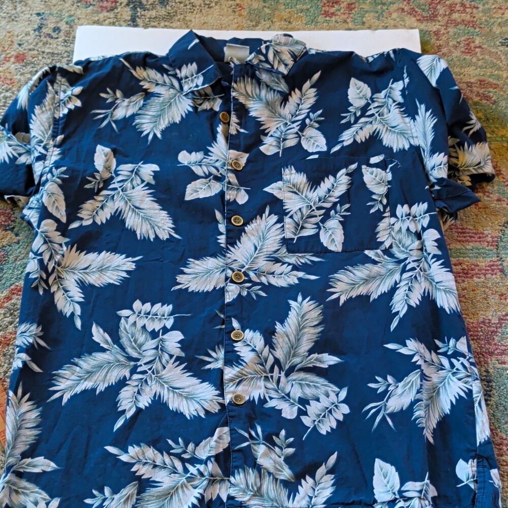 Vintage OP Ocean Pacific Sport Blue S/S Button Up Floral Hawaiian Shirt -Men's L